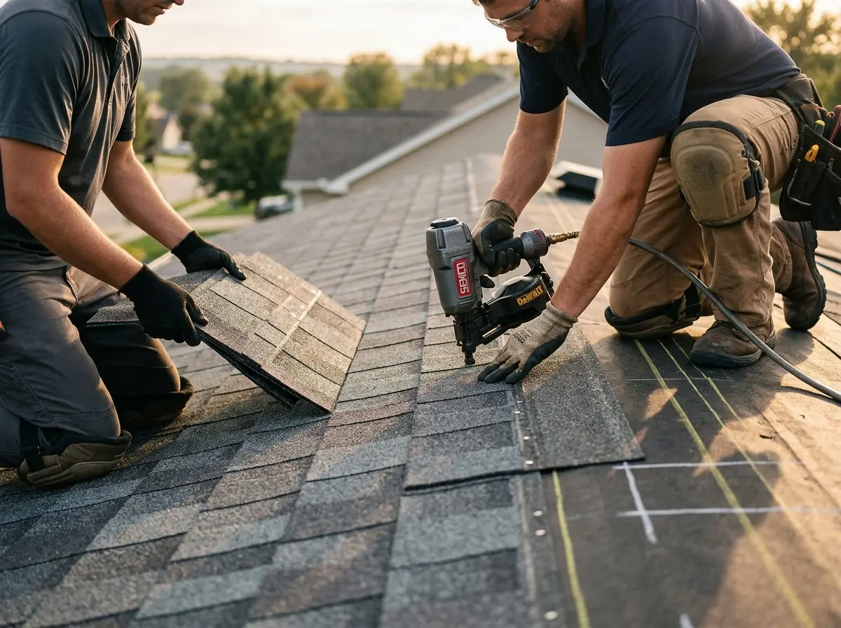 Professional roofer working on a residential roof in Westport